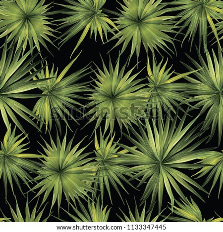 Palm Monstera Seamless Pattern. Green Black Tropical Summer Background. Beach Jungle Leaves for Swimwear Design. Lei Rapport. Vintage Hawaiian Print. Exotic Texture. Botanic tile.