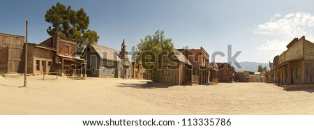 Panoramic photo of the western movie town Fort Bravo. Texas Hollywood. Desierto de Tabernas, AlmeriÃ?Â­a. Andalusia. Spain. Royalty-Free Stock Photo #113335786