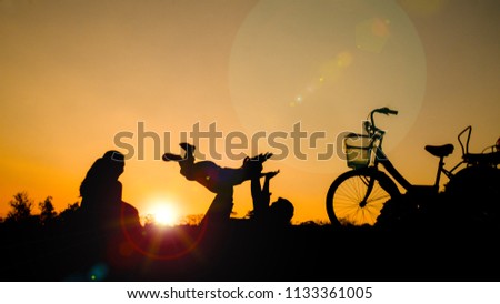 Silhouettes of happy families play together at the park in the evening. with sun flare. Concept of friendly family.