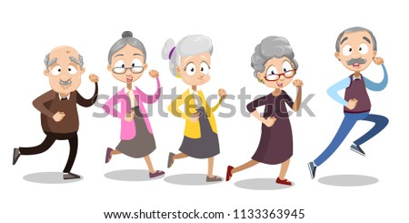 Vector cartoon illustration of group of old senior people running. Vector illustration in cartoon flat style, isolated on a white background.