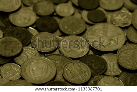 Out of color money of different countries. Coins and banknotes. Currencies