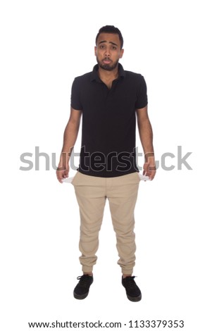 full-length photo of a poor sad standing man showing his empty pockets, isolated in a white background.