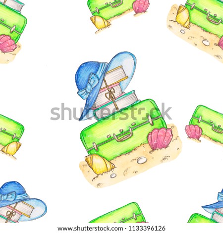 Watercolor seamless pattern summer holidays with baggage, books and hat on the sand. Isolated on white background.