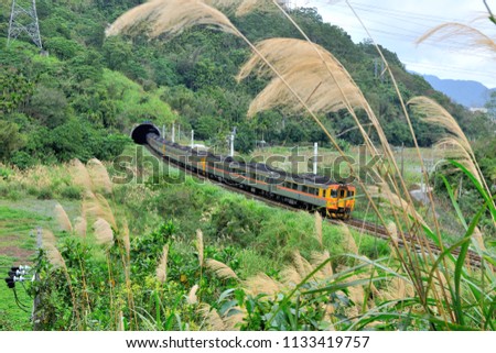 Taiwan Hualian-January 31, 2015: Taiwan, Hualian Cliff cliffs near the coastline, the train through the tunnel under the blue sky, is a beautiful picture. Tunnel Chinese character name: Fenglin tunnel