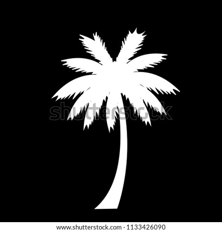 white silhouette illustration of palm tree icon isolated on black background.