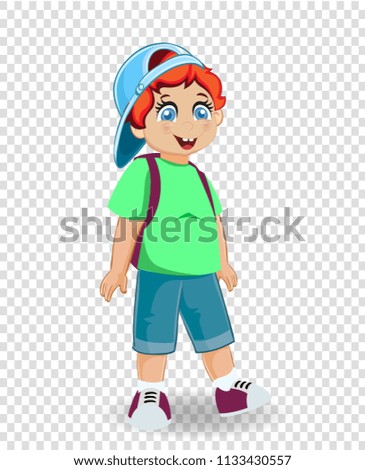 Back to school concept. Little cheerful boy with student bag character clip art. Vector illustration of cute smiling redhead ginger schoolboy with backpack isolated on transparent background. 