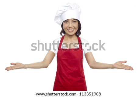 Great welcome by experienced asian female chef. All against white background