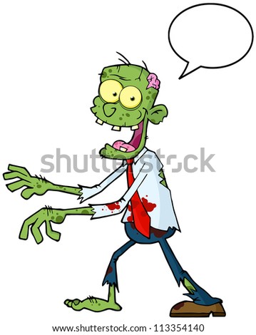 Cartoon Zombie Walking With Hands In Front With Speech Bubble . Raster Illustration.Vector version also available in portfolio.
