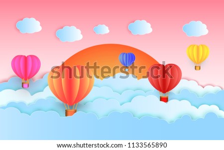 colorful hot air balloons flying in the air with beautiful sunset background and cloudy sky : vector - paper art style