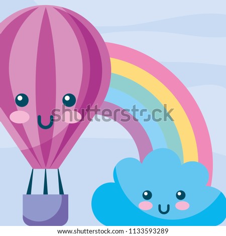kawaii hot air balloon cloud rainbow cartoon