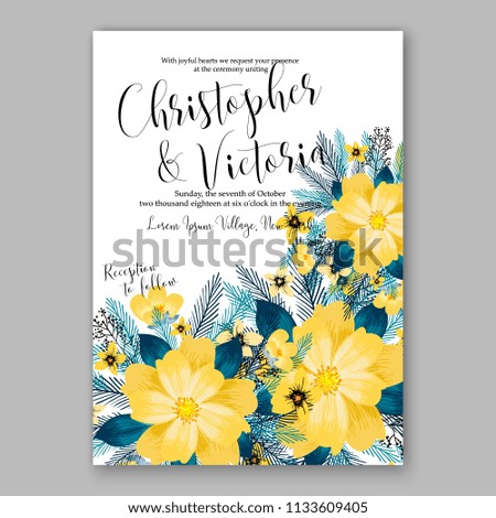Floral wedding invitation vector card template Marriage flower background bridal shower invite, baby shower party invitation, save the date yellow rose peony chrysanthemum sunflower