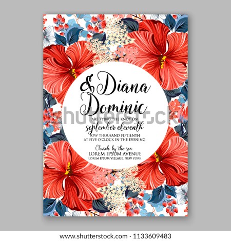 Floral wedding invitation vector card template Marriage flower background bridal shower invite, baby shower party invitation, save the date red coral hibiscus Aloha party Luau trofical