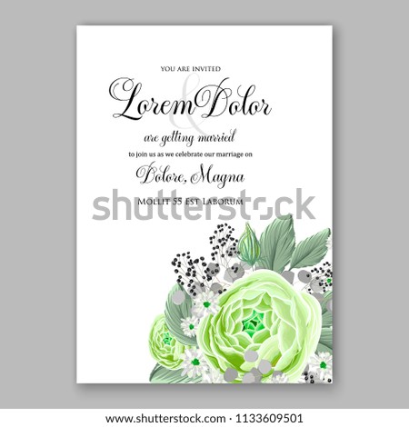 Floral wedding invitation vector card template Marriage flower background bridal shower invite, baby shower party invitation, save the date green rose peony ranunculus