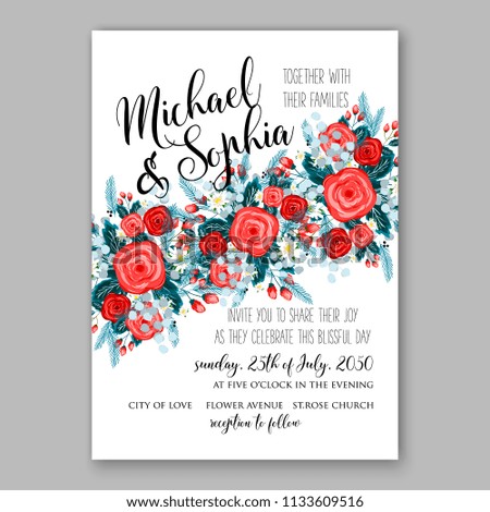 Floral wedding invitation vector card template Marriage flower background bridal shower invite, baby shower party invitation, save the date red rose poppy peony anemone fir winter wreath