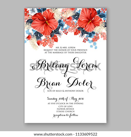 Floral wedding invitation vector card template Marriage flower background bridal shower invite, baby shower party invitation, save the date tropical aloha redhibiscus