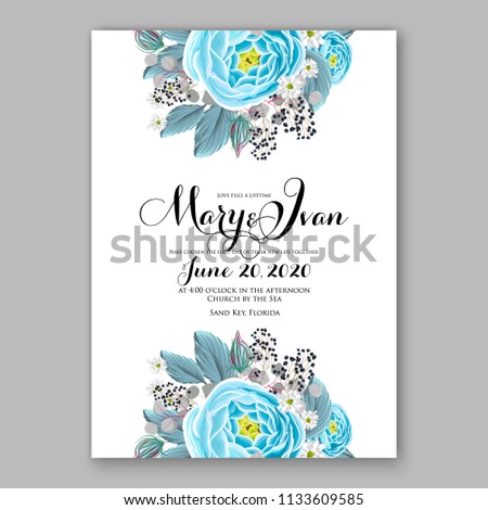 Floral wedding invitation vector card template Marriage flower background bridal shower invite, baby shower party invitation, save the date mint blue rose ranunculus peony
