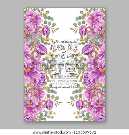 Floral wedding invitation vector card template Marriage flower background bridal shower invite, baby shower party invitation, save the date purple violet chrysanthemum