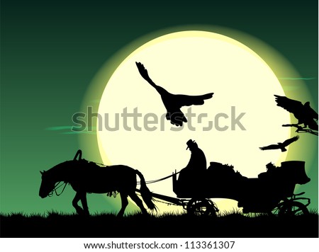 silhouette of a horse put to a cart in field under full moon at night