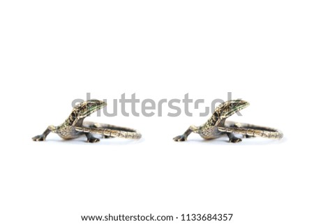 Cross-view stereo photography of miniature lizard bronze figurine on white background. Gorgeous detailed work, soft play of shiny colors. Love sight expression. 3D photo.