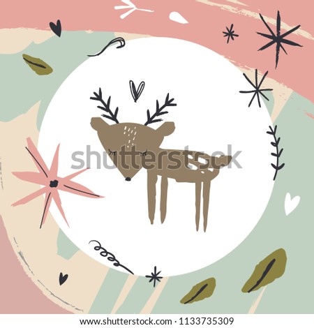 Nice baby deer and nature pattern. Scandinavian style. Nursery postcard. Decor elements. Good for gifts. Clipart. Isolated vector illustration.