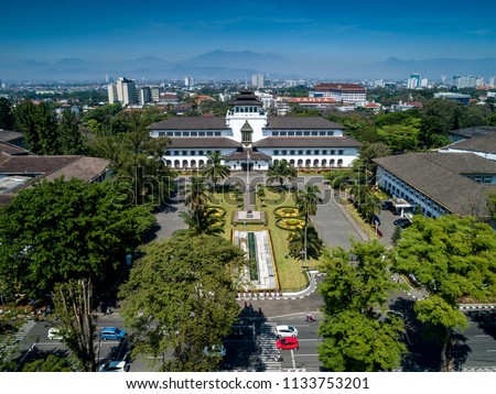 Aerial View of Gedung Sate an Old Historical European Dutch Colonial Governor Building in Bandung, Icon of West Java, Indonesia, Asia Royalty-Free Stock Photo #1133753201