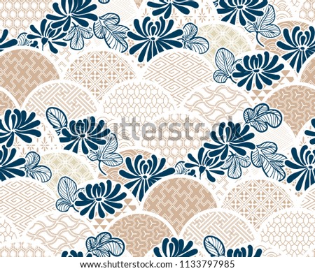 chrisantemum flower traditional kimono pattern vector sketch illustration line art japanese chinese oriental design Royalty-Free Stock Photo #1133797985