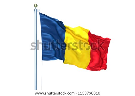 Romania flag waving on white background, 3d rendering, isolated