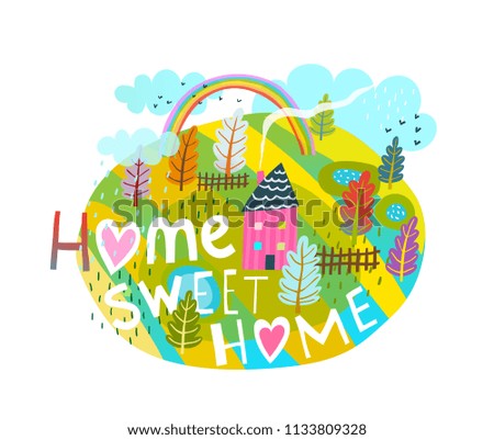 Home sweet home house lettering design cartoon with rural landscape.  Raster variant. 