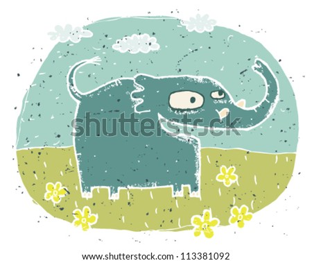 Hand drawn grunge illustration of cute elephant (happy) on background with flowers and clouds