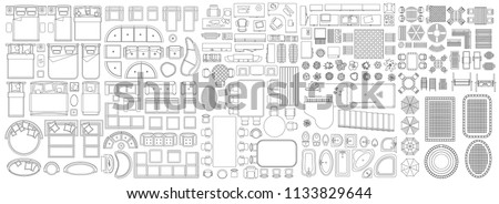Set of linear icons. Interior top view. Isolated Vector Illustration. Furniture and elements for living room, bedroom, kitchen, bathroom. Floor plan (view from above). Furniture store. Royalty-Free Stock Photo #1133829644