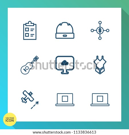 Modern, simple vector icon set on gradient background with internet, mark, object, tick, flight, head, concert, acoustic, test, woman, swimsuit, hat, musical, web, profile, sign, guitar, bikini icons