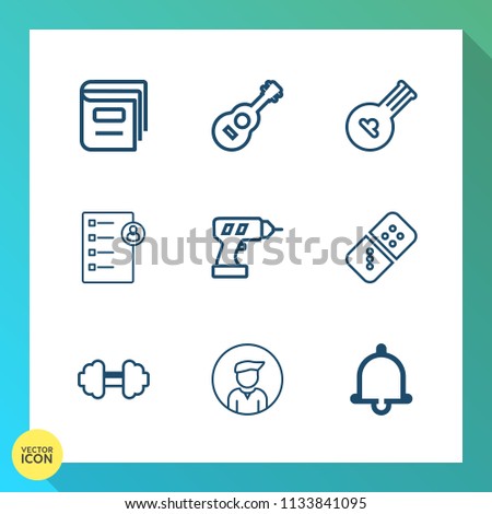 Modern, simple vector icon set on gradient background with learning, checklist, bell, boy, alert, man, document, literature, employee, textbook, fitness, concert, job, alarm, equipment, human icons