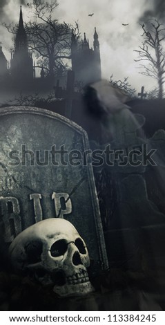 Scary night scene in graveyard with skull and graves