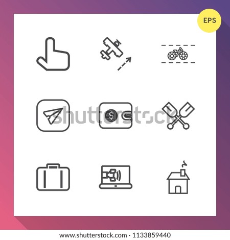 Modern, simple vector icon set on gradient background with water, web, cycle, message, airport, travel, canoe, email, sign, press, pointer, call, luggage, paddle, purse, transportation, aircraft icons