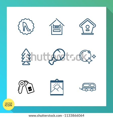 Modern, simple vector icon set on gradient background with environment, footwear, elegance, key, bird, tree, security, fashion, circle, nature, chicken, door, customer, birdhouse, store, forest icons