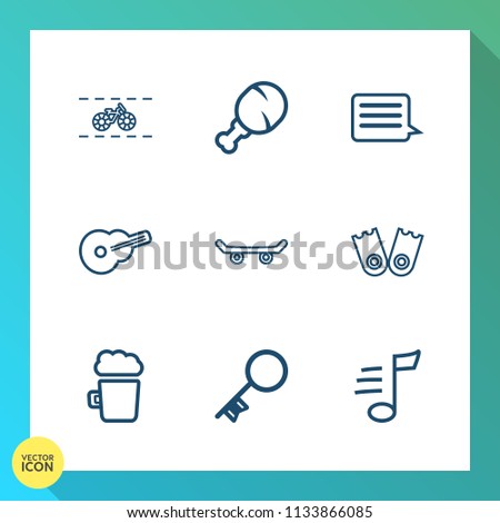 Modern, simple vector icon set on gradient background with transport, bicycle, melody, bar, sound, white, leg, pub, meat, security, transportation, music, house, food, pedal, skater, message icons