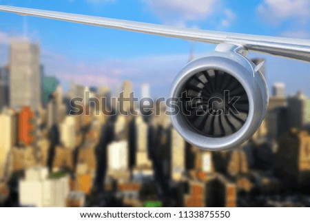  airplane engine above Manhattan  in the New york city.  USA                          