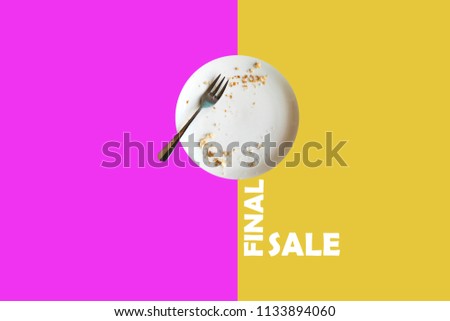 Illustration in the minimalist style of the finish sale. An empty plate with the remains of food means that the goods are quickly bought and need to be in time. Creative idea of the sale