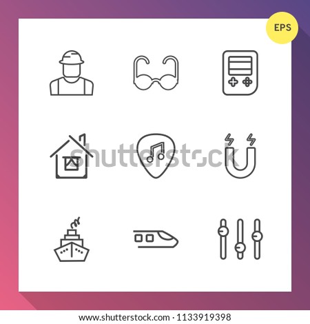 Modern, simple vector icon set on gradient background with technology, professional, fashion, home, glasses, engineer, estate, building, railway, worker, house, property, work, musical, travel,  icons