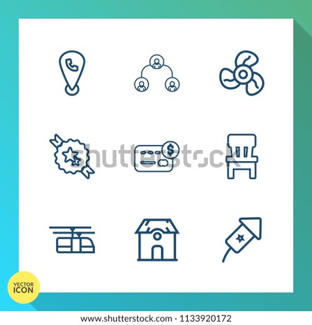Modern, simple vector icon set on gradient background with room, sign, business, credit, home, web, chair, organization, electric, location, money, fan, team, festival, interior, ribbon, company icons