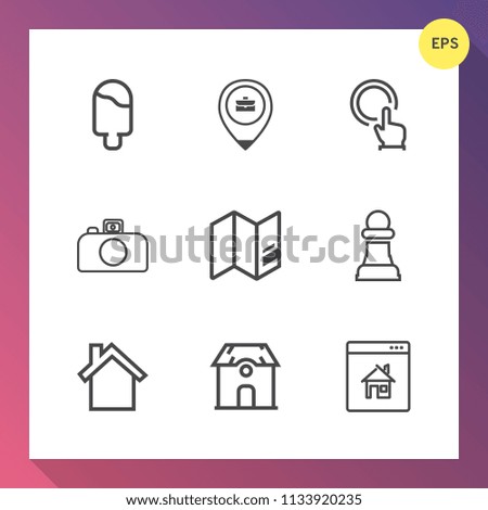 Modern, simple vector icon set on gradient background with mobile, hand, strategy, architecture, ice, chess, building, camera, photography, cone, dessert, press, estate, cream, game, map, summer icons