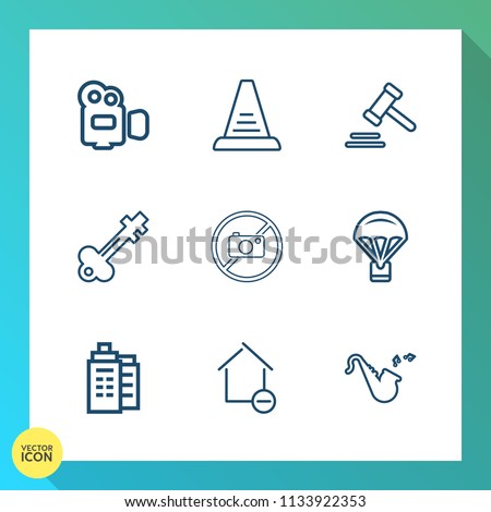 Modern, simple vector icon set on gradient background with real, step, business, legal, up, extreme, equipment, concept, camera, key, justice, jazz, musical, lens, lock, parachuting, house, old icons