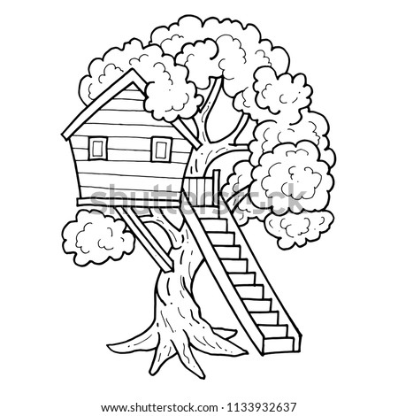 Tree house. House on tree for kids. Children playground with  ladder. Flat style vector illustration. Royalty-Free Stock Photo #1133932637