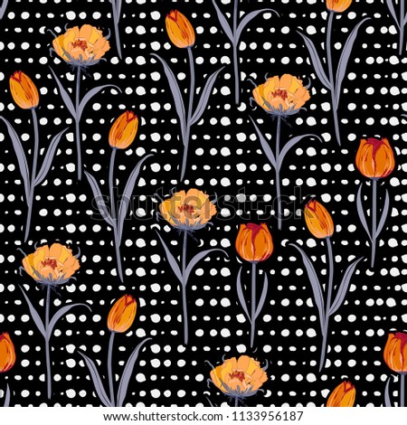 Trendy stylish Seamless hand drawn pol kadots  pattern with blooming tulip flowers background. Vector summer design for fashion fabric and all prints on black color 