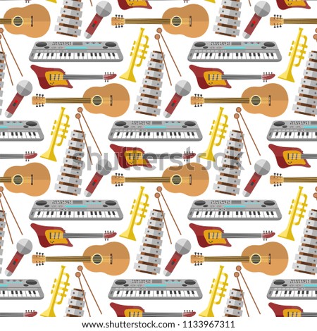 Music production seamless pattern background musical equipment vintage instrument electric guitar vector illustration