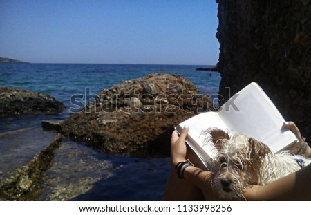 Girl reading a book with her dog by the sea. Shot at Chamolia beach in Athens.