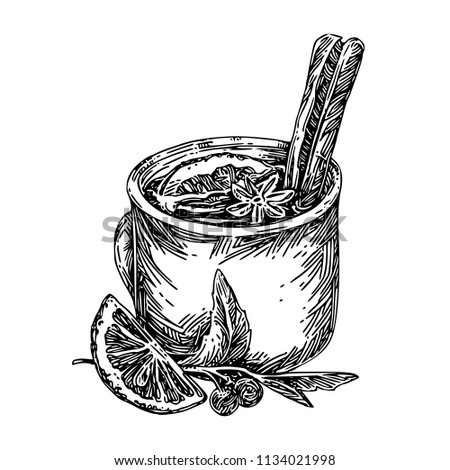 Mulled wine in an iron mug. Sketch. Engraving style. Vector illustration.