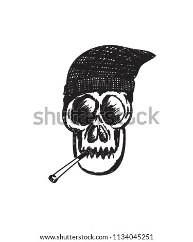 Hand drawn skull smoking, hip-hop, rap, t shirt, art