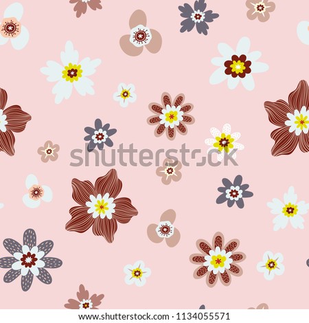 Folk floral seamless pattern in trendy modern style. Colorful wildflowers, chamomiles isolated on a light background. Perfect for textile, background, paper.