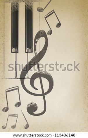 musical grunge background with piano keys and notes